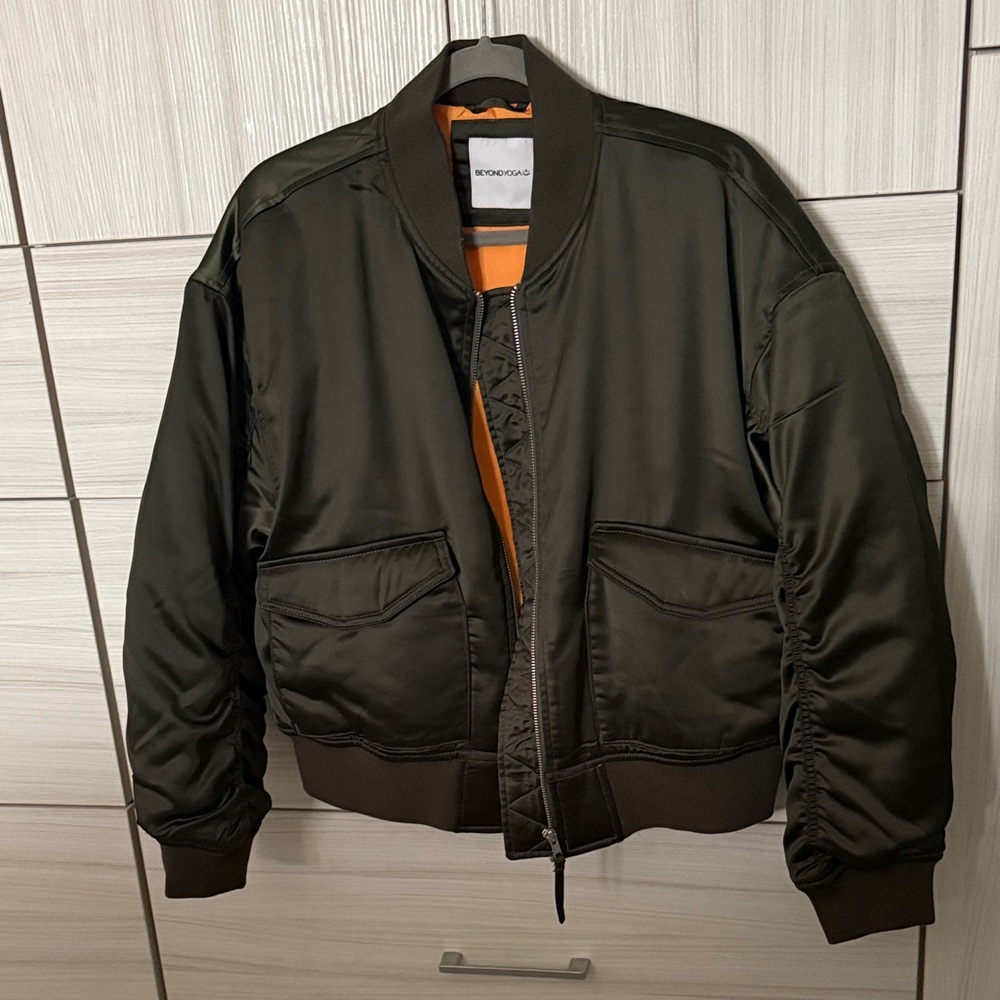 Beyond Yoga Dark Olive Bomber Jacket with Orange Lining